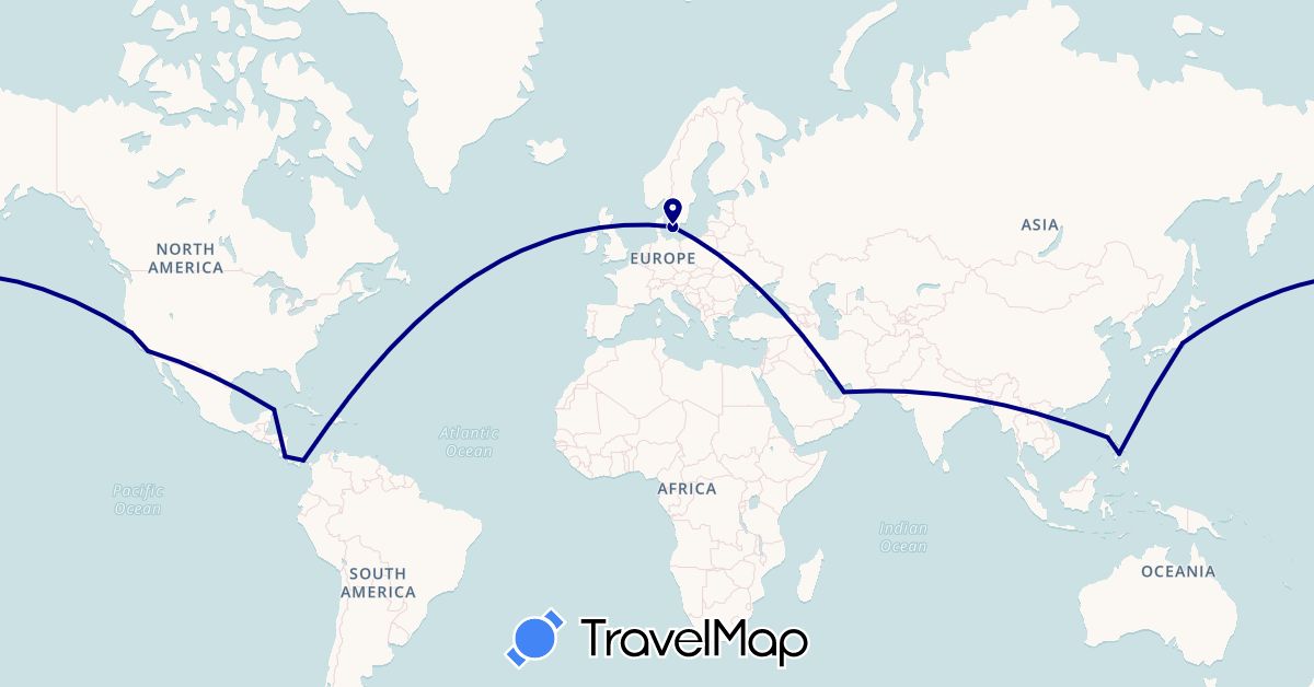 TravelMap itinerary: driving in United Arab Emirates, Costa Rica, Denmark, Japan, Mexico, Panama, Philippines, United States (Asia, Europe, North America)