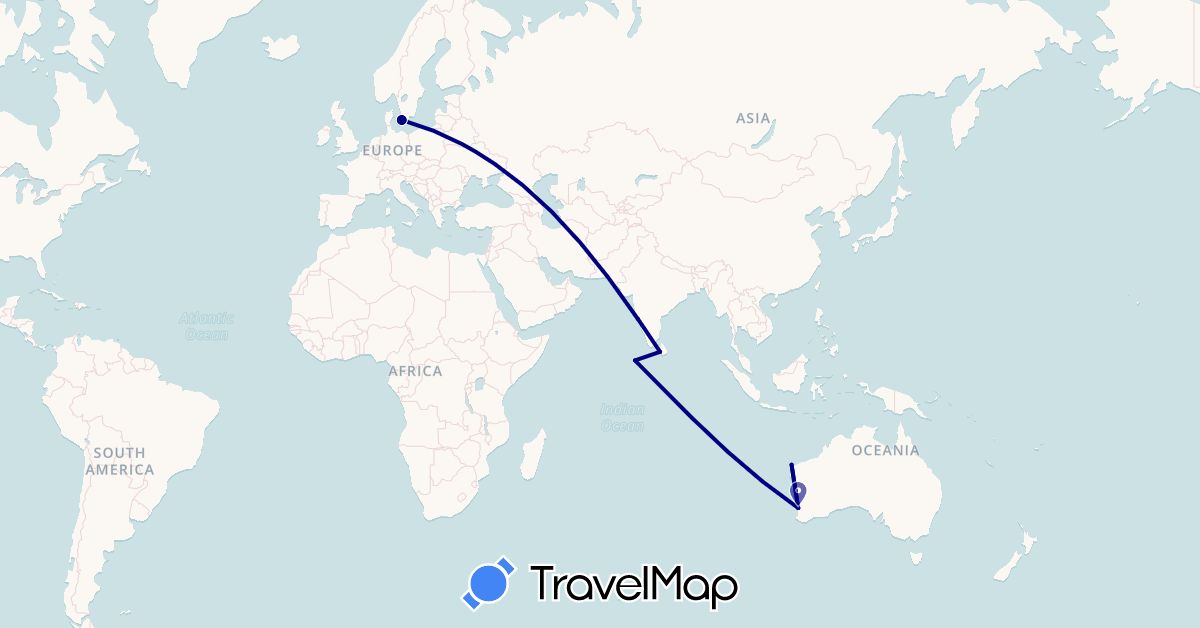 TravelMap itinerary: driving in Australia, Denmark, India, Sri Lanka, Maldives (Asia, Europe, Oceania)